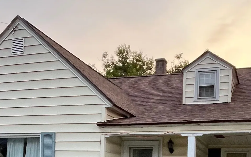 Gabled roof, chimney, and dormer above a light-colored home