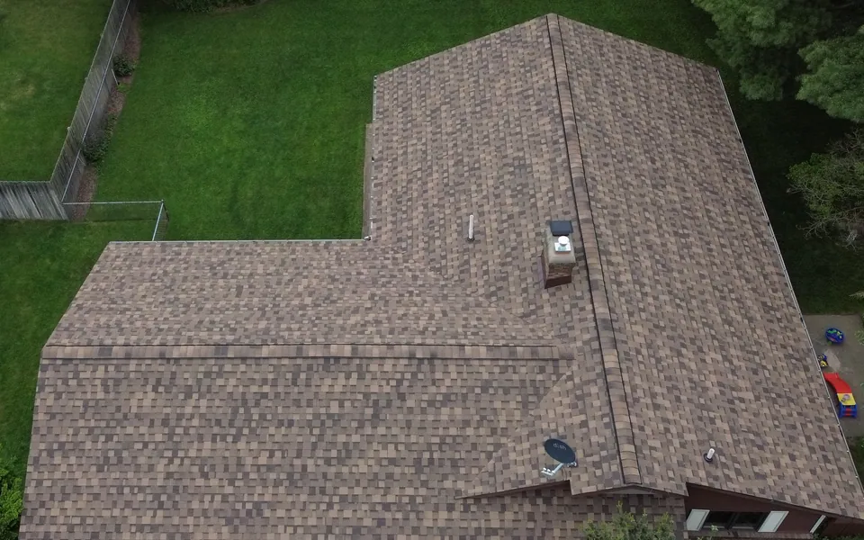 Aerial view of a tan shingle roof surrounded by trees