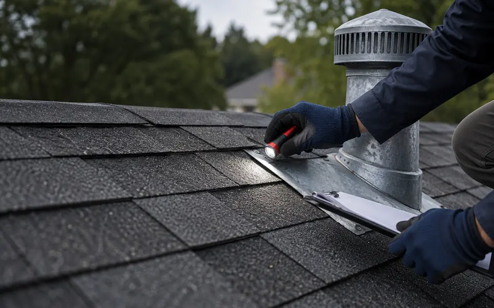 Illustrative close view of roof flashing and shingles being inspected