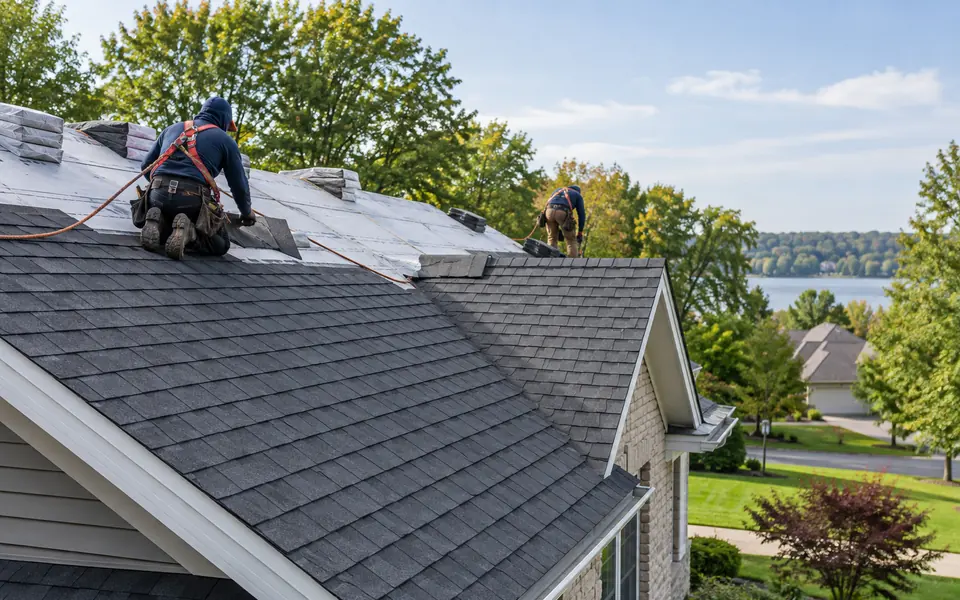 Illustrative view of a residential shingle roof replacement in progress